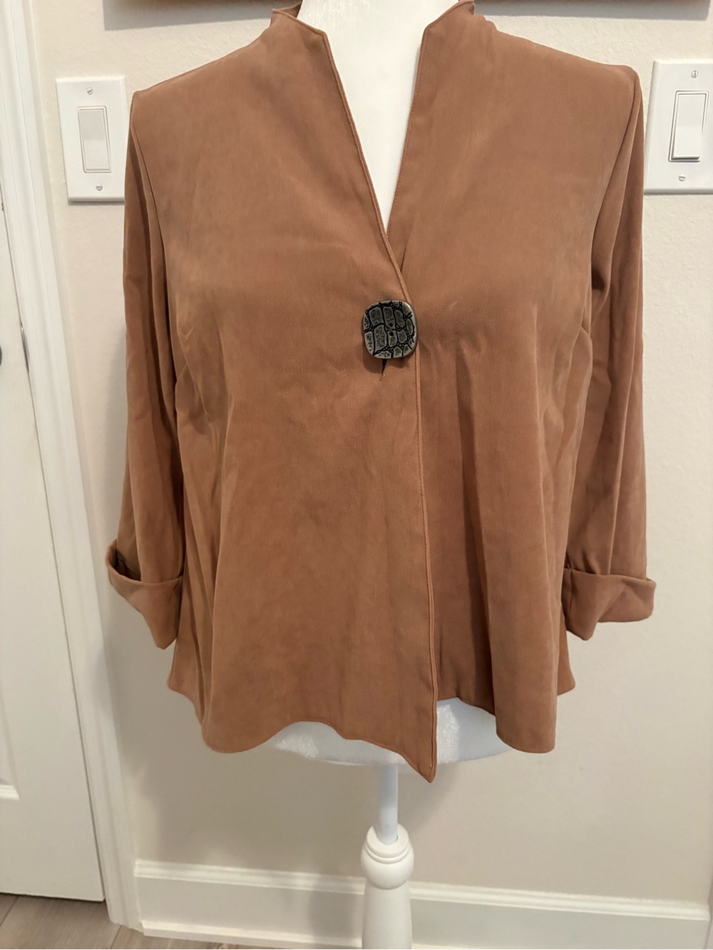 JM Collection Brown Faux-Suede Button-Front Open Jacket Y2K